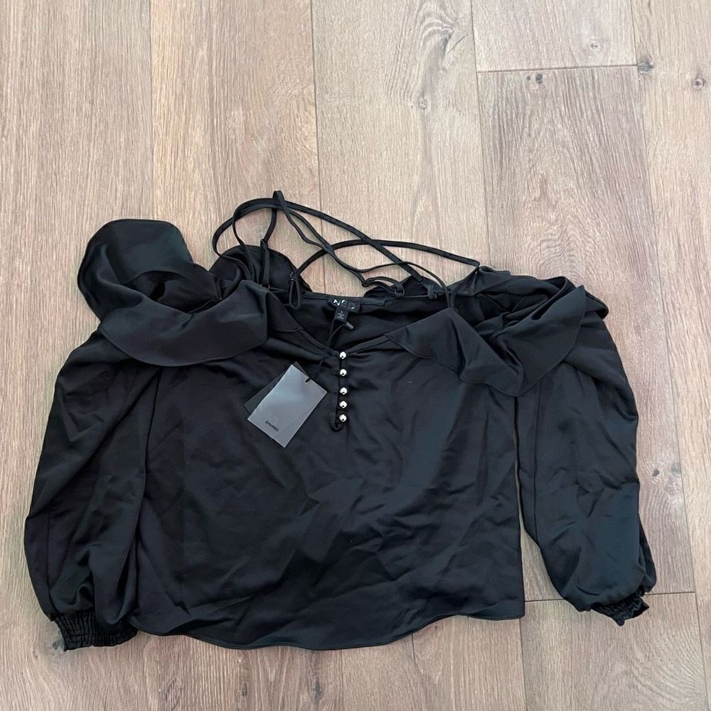 NBD Women's Solid Balloon Sleeve Off the Shoulder Top Black Size Small